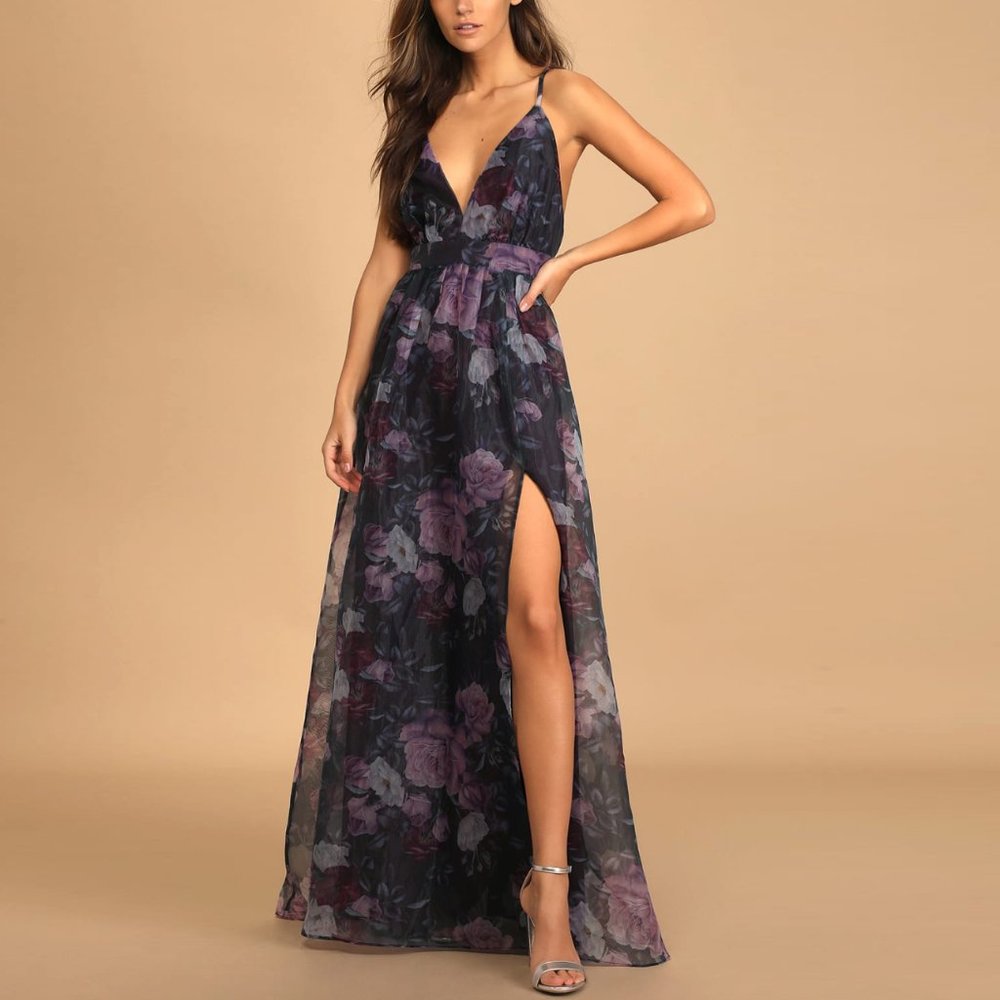 Lulu's Headed for Romance Black Floral Print Organza Maxi Dress